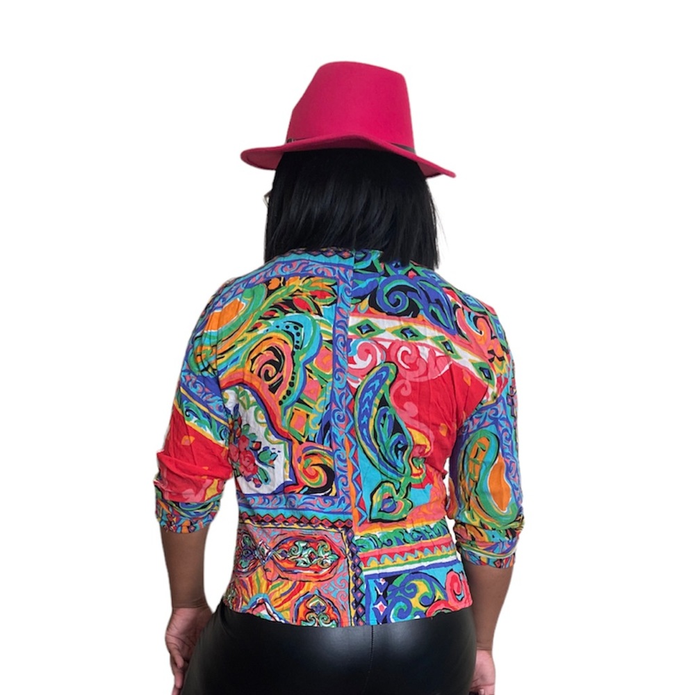 Vintage Multicolor Paisley Print Blouse with Pink Hat Accent